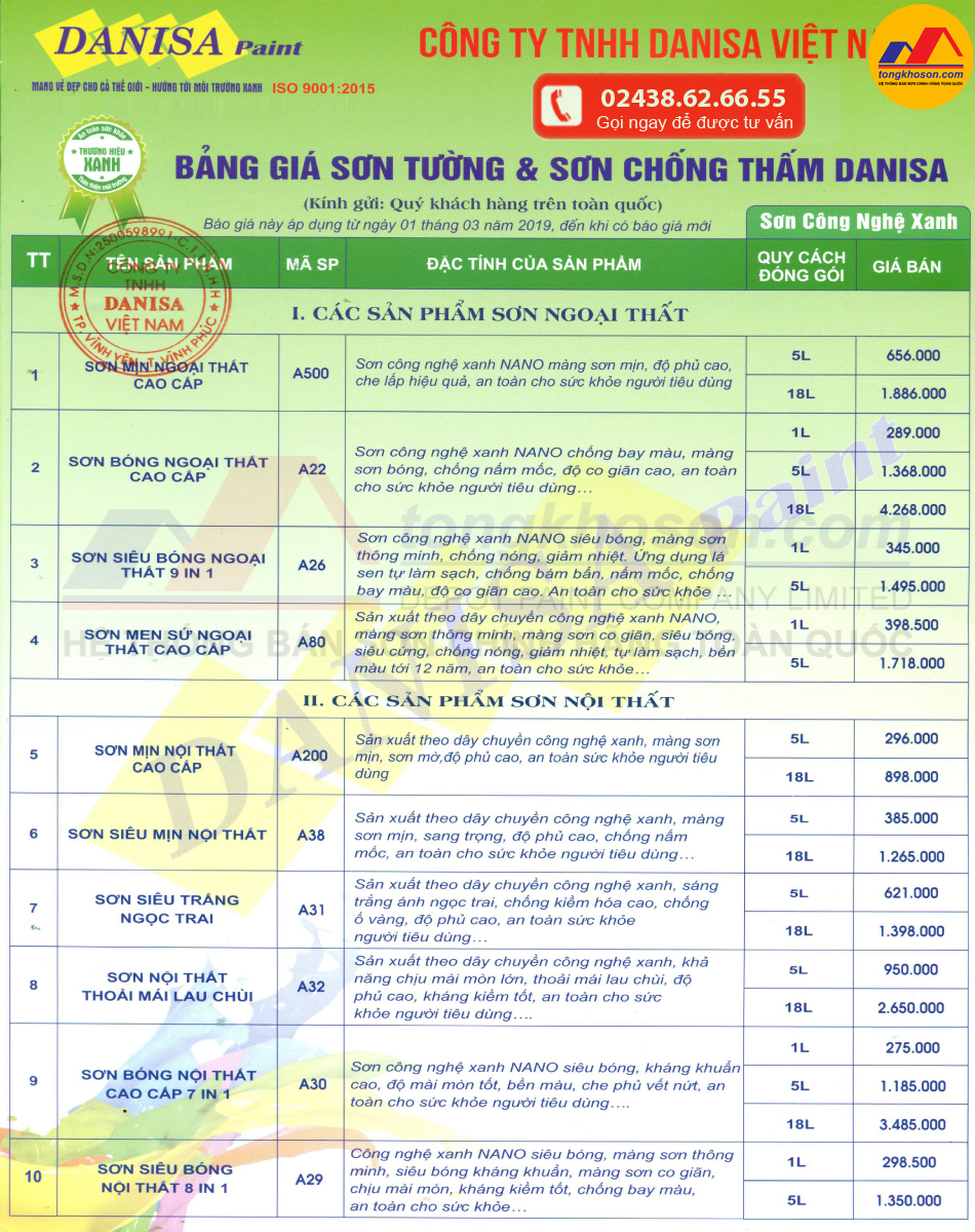 Bảng báo giá sơn Danisa 1