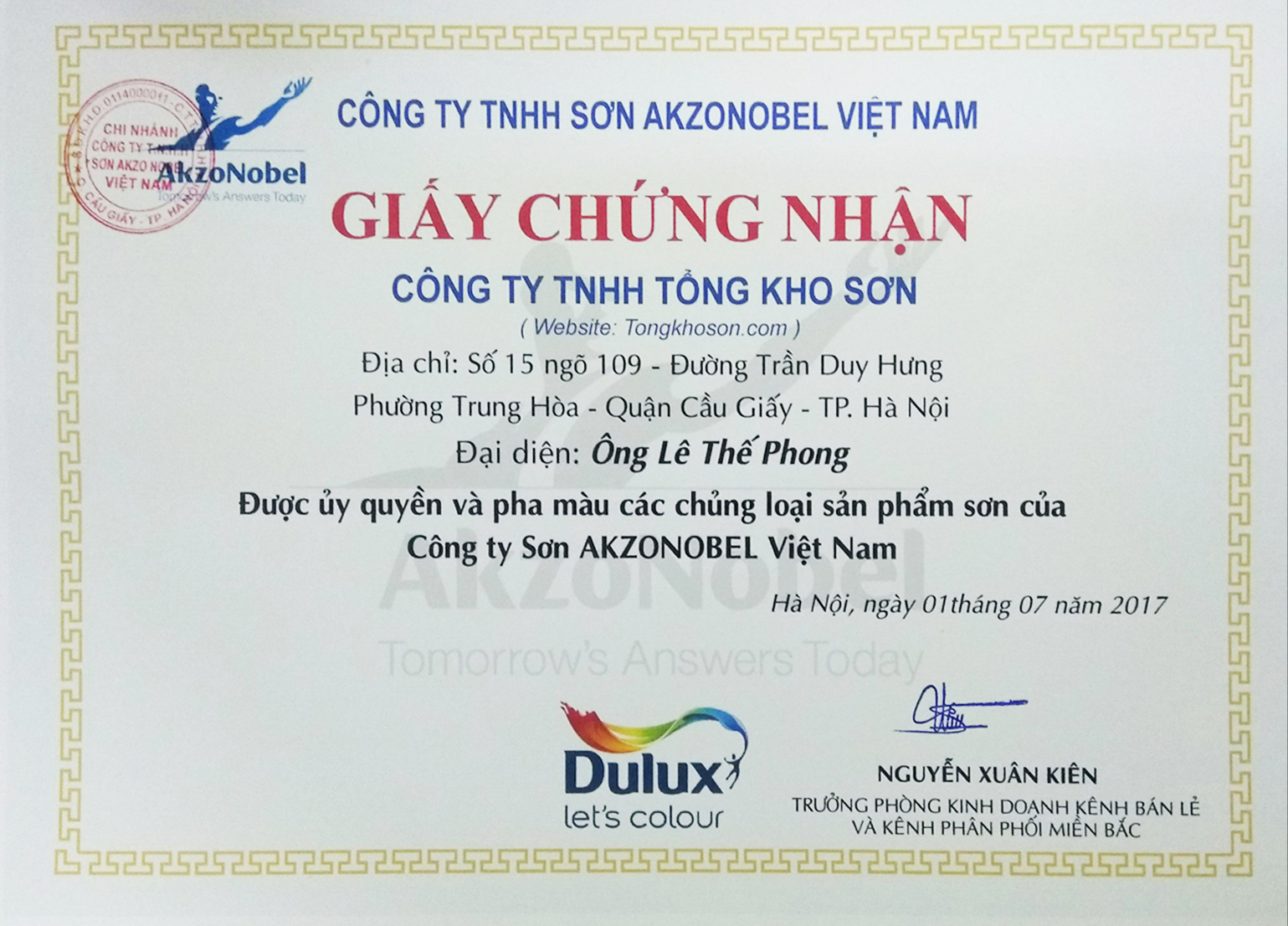 giấy chứng nhận sơn dulux của tổng kho sơn