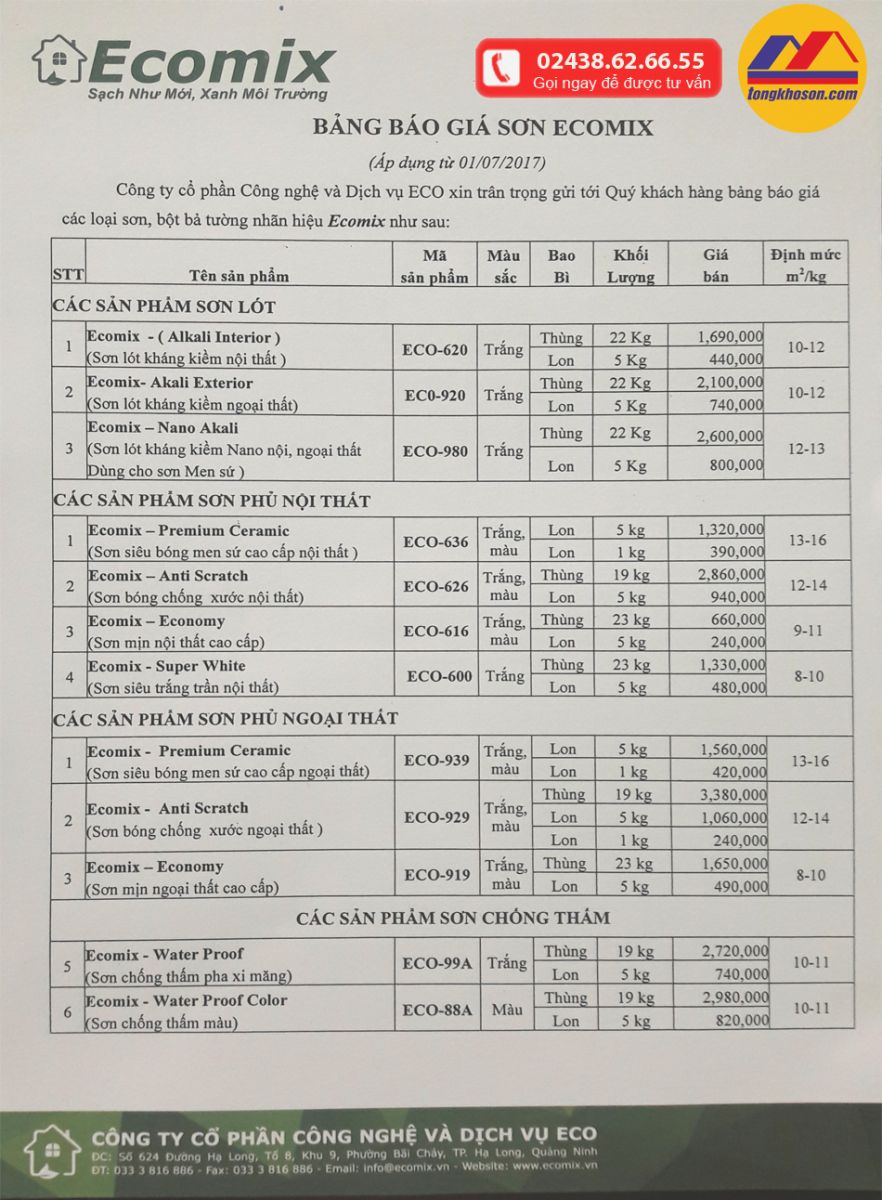 Bảng báo giá sơn Exomix ngày 01/07/2017