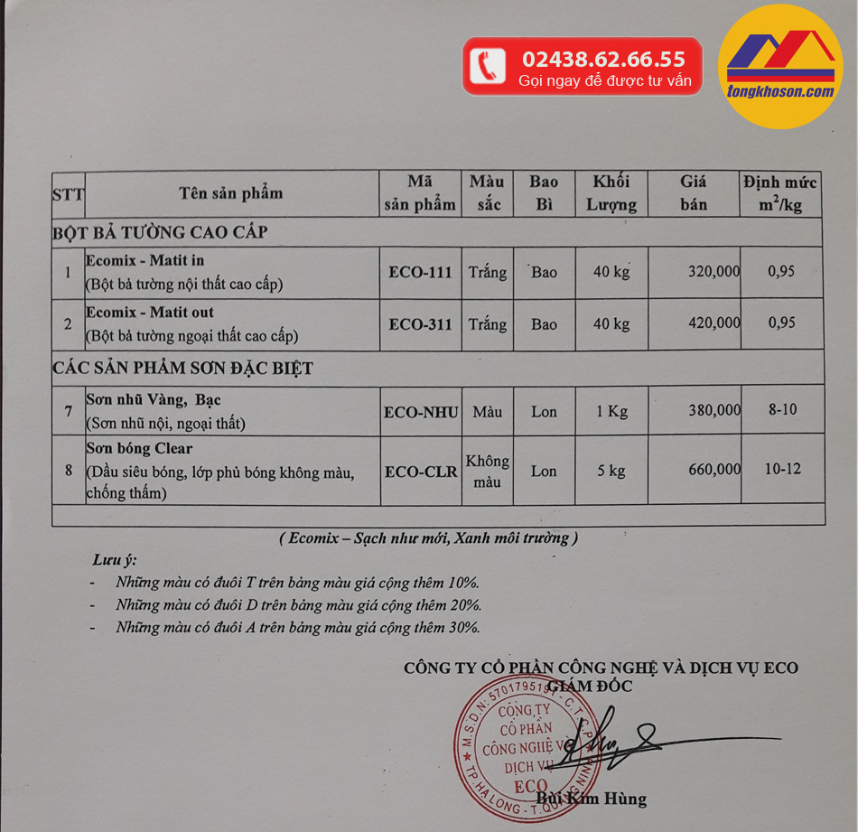 Bảng báo giá sơn Exomix ngày 01/07/2017