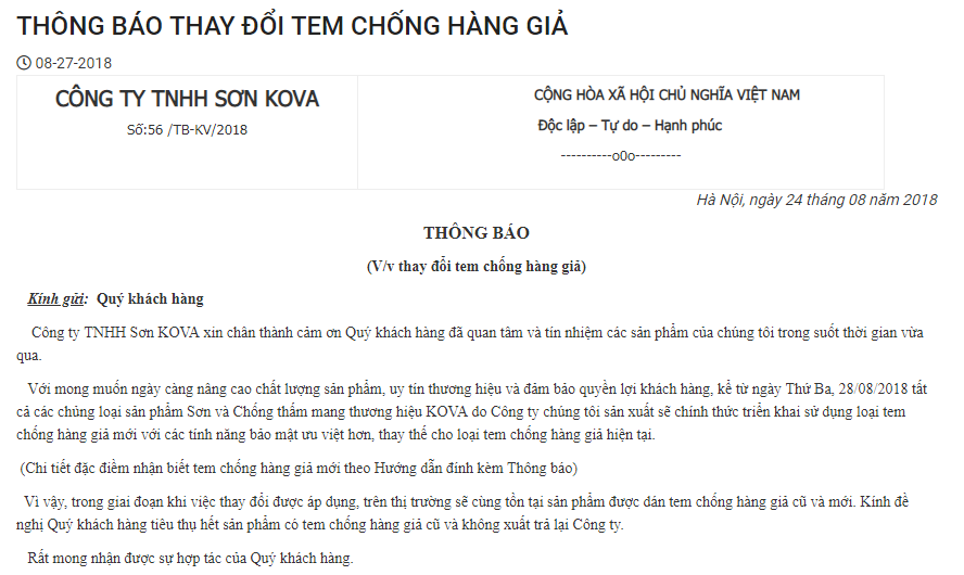 Thông báo thay đổi tem chống hàng giả của KOva