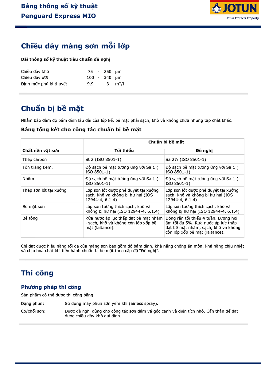 Bảng thông số kỹ thuật sơn Jotun MIO