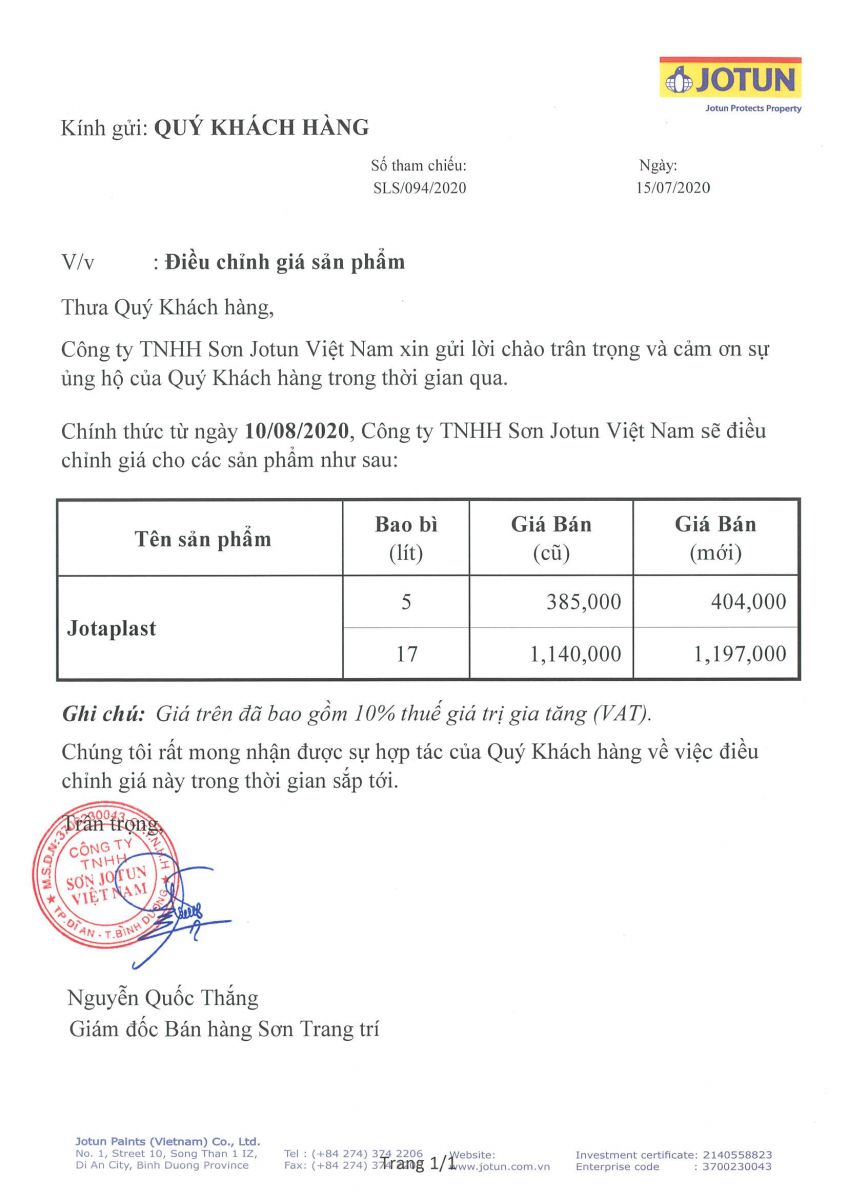 Sơn Jotun thông báo tăng giá sản phẩm jotaplast