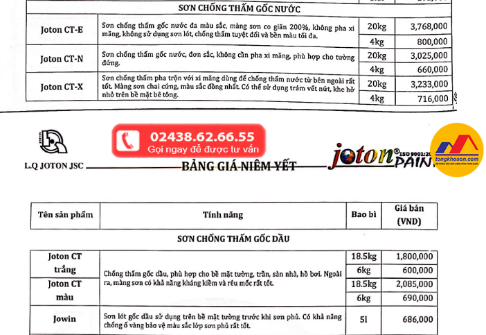Bảng giá sơn chống thấm Joton