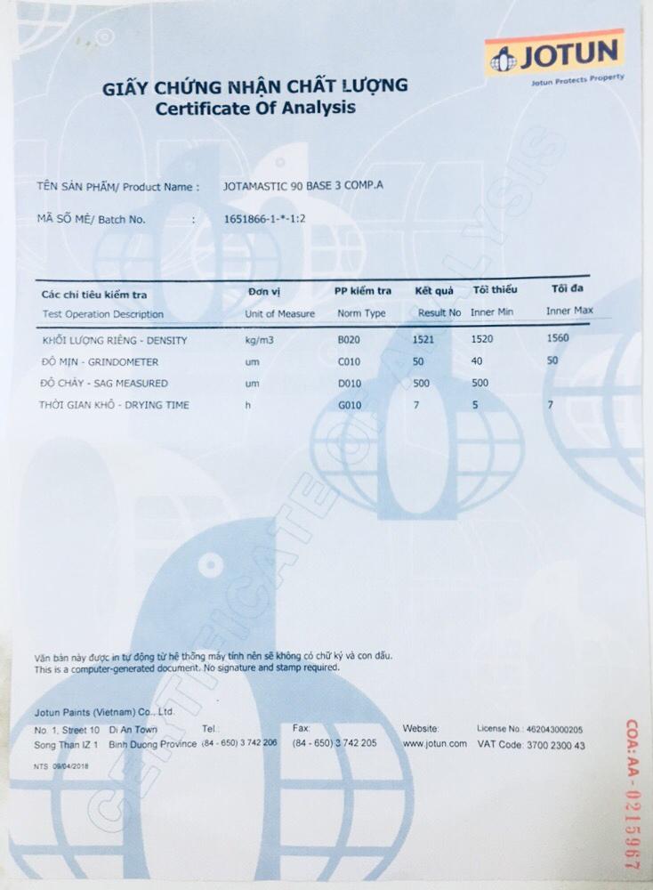 Chứng nhận chất lượng sơn Jotun