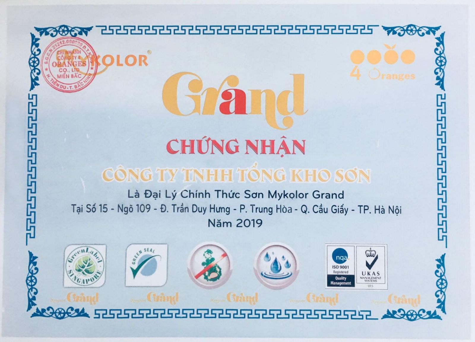 chứng nhận đại lý phân phối sơn Mykolor Grand