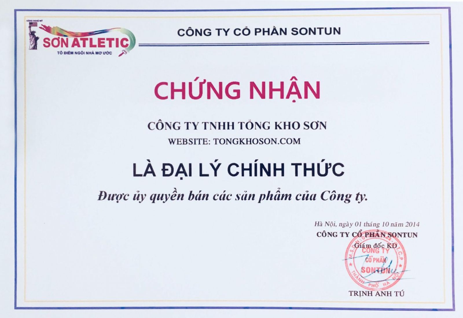 Chứng nhận Tongkhoson.com là đại lý Atletic chính hãng
