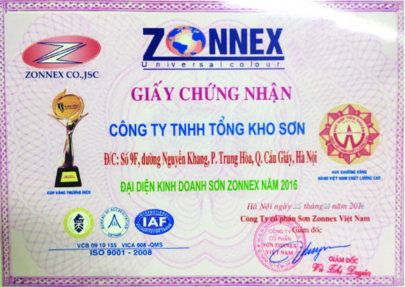 Chúng nhận tongkhoson.com phân phối sơn Zonnex