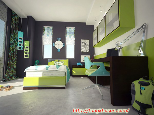 Sơn phòng ngủ màu xanh cốm và phụ kiện xanh ngọc
