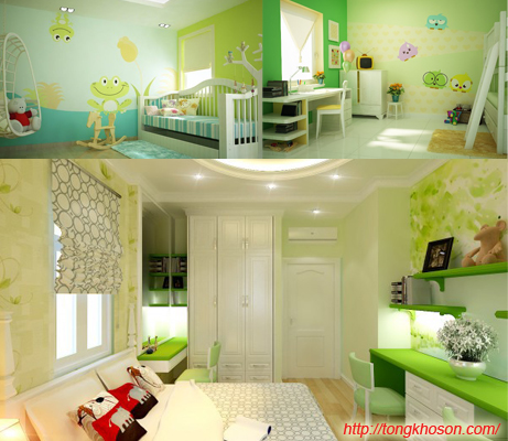 Phòng ngủ trẻ em màu xanh lá cây
