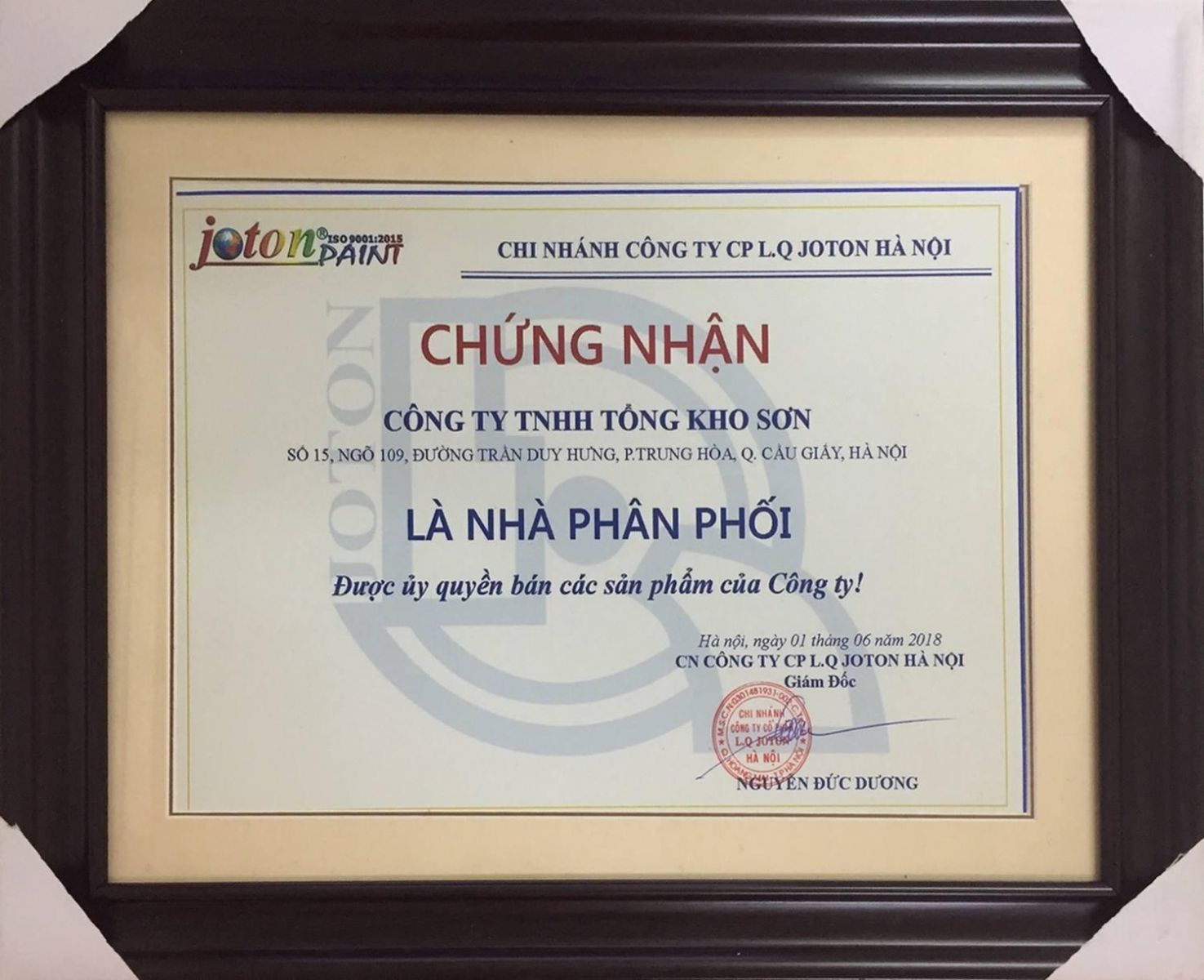 Chứng nhận đại lý sơn Joton