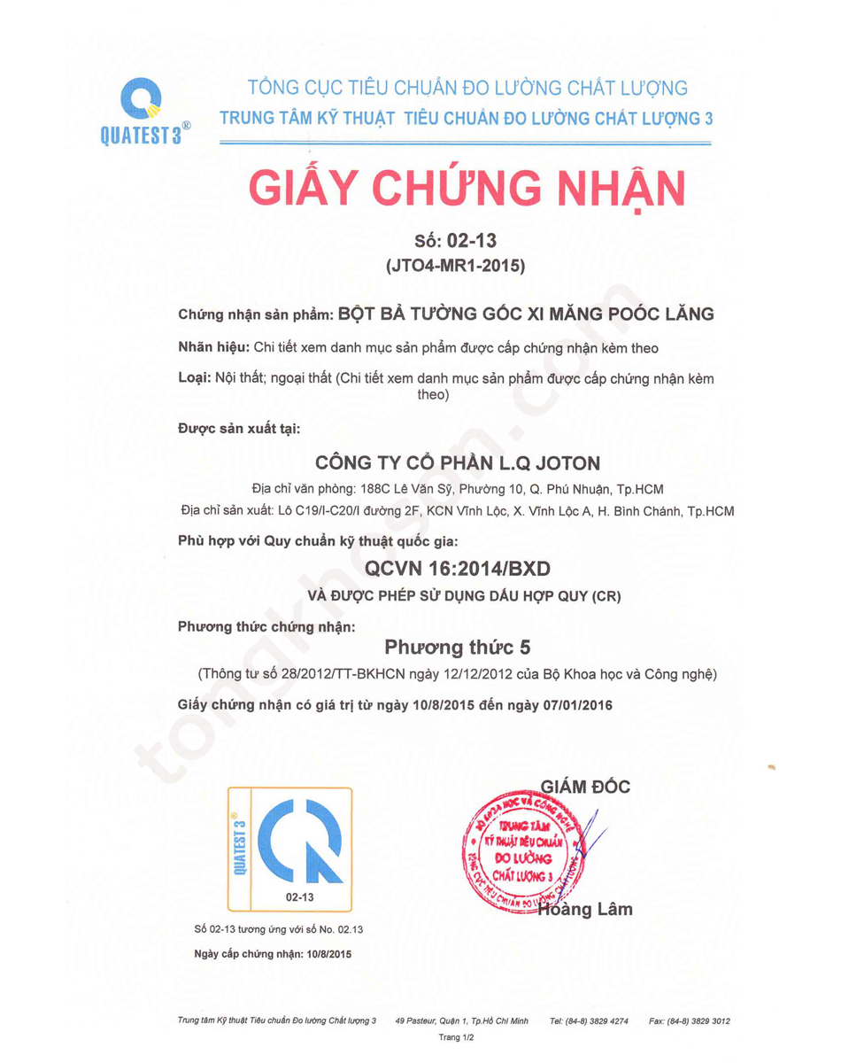 Giấy chứng nhận chất lượng bột bả Joton Giấy chứng nhận chất lượng bột bả Joton