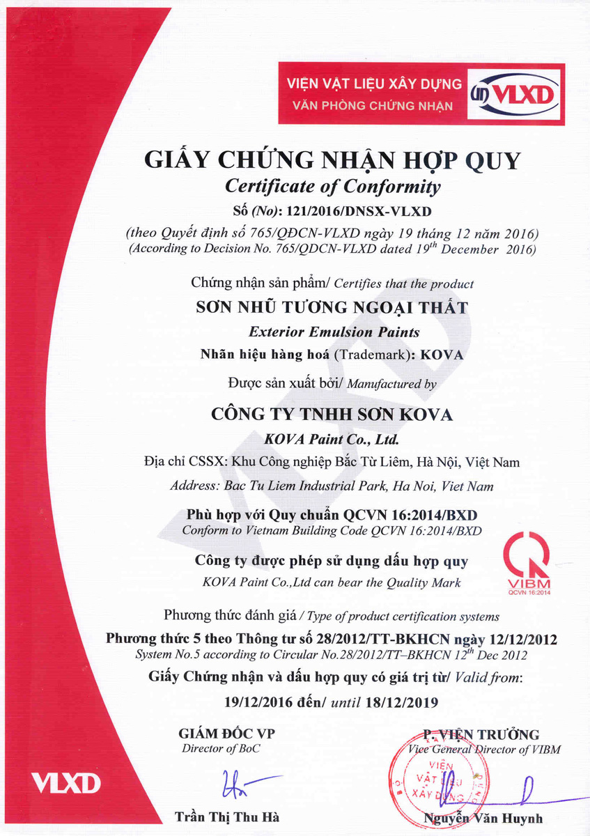 chứng chỉ sơn ngoại thất kova