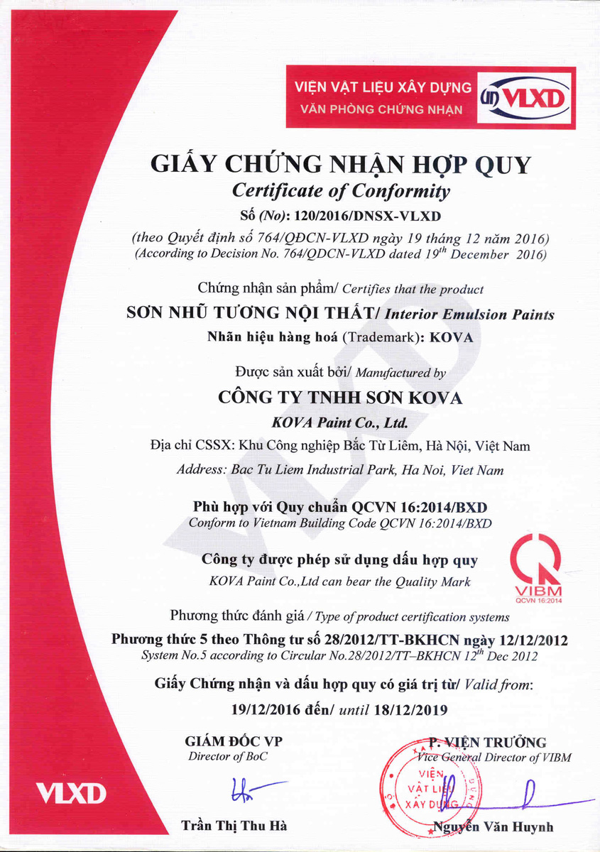 Chứng chỉ sơn nội thất kova
