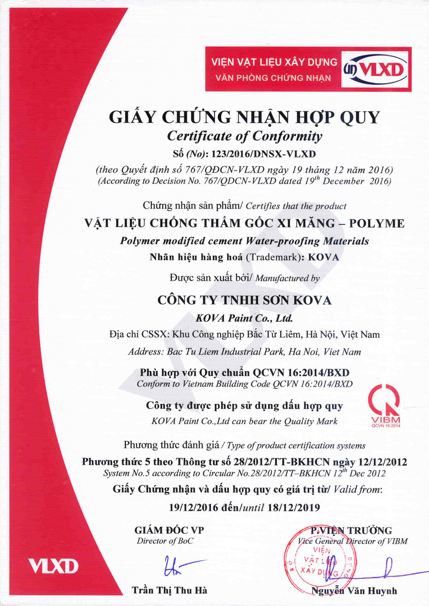 chứng chỉ sơn chống thấm pha xi măng kova
