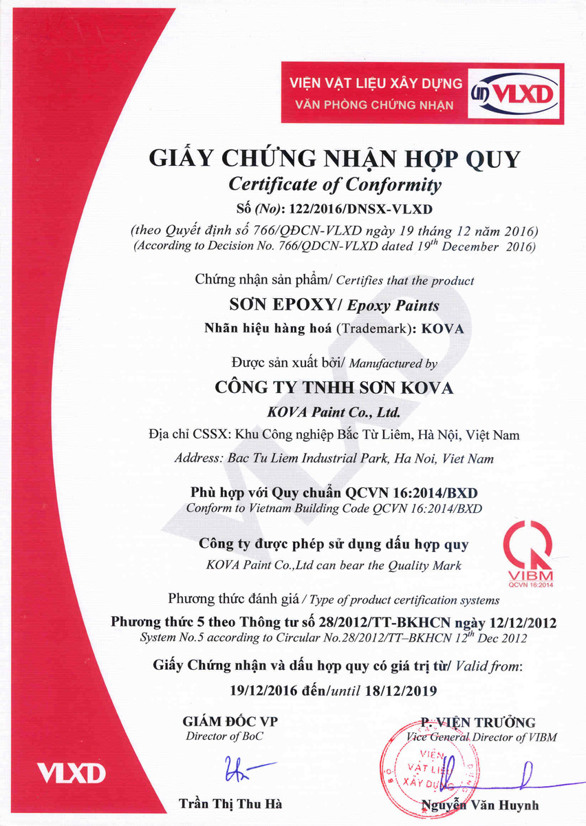chứng chỉ sơn epoxy kova