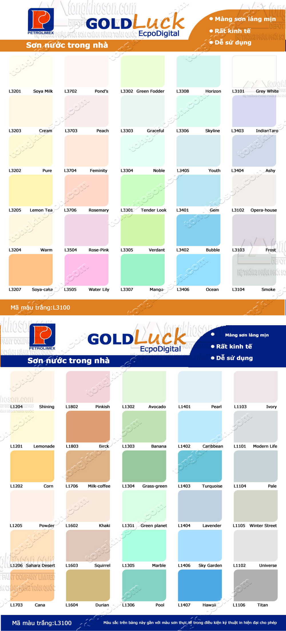 Bảng màu sơn Petrolimex GoldLuck nội thất