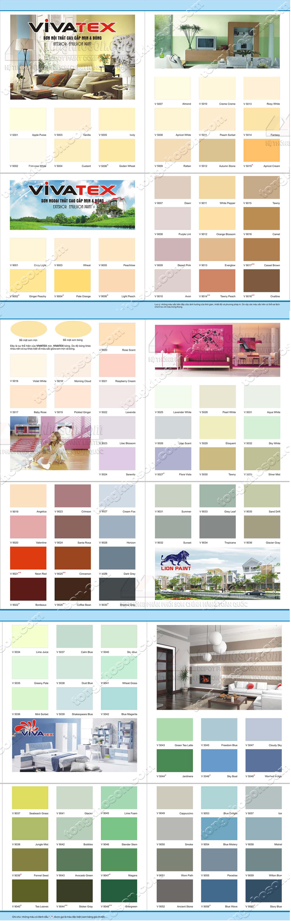 Bảng màu sơn Vivatex nội và ngoại thất