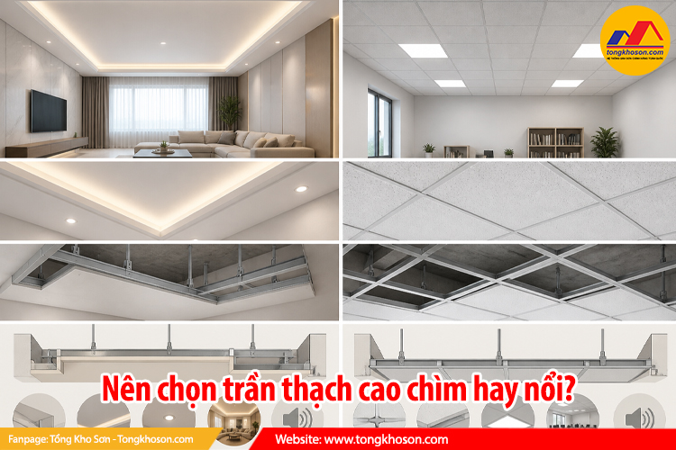 So sánh chi tiết trần thạch cao chìm và trần thạch cao nổi