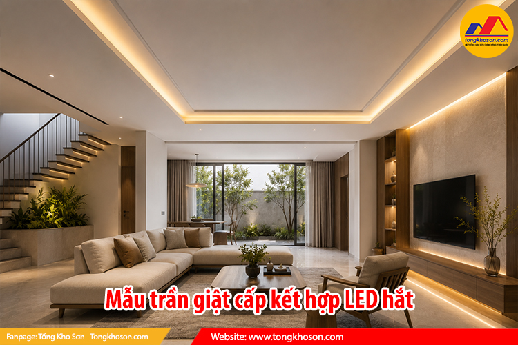 Mẫu trần thạch cao phòng khách giật cấp đẹp