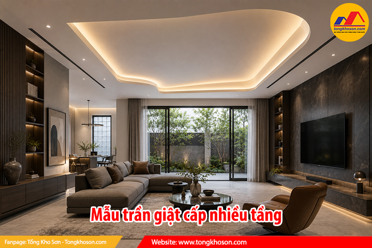 Mẫu trần thạch cao phòng khách giật cấp đẹp