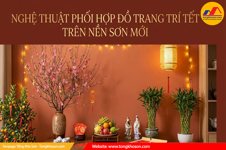 Nghệ thuật phối hợp đồ trang trí trên nền sơn mới đón Tết