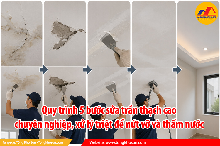 Quy trình 5 bước sửa trần thạch cao chuyên nghiệp, xử lý triệt để nứt vỡ và thấm nước