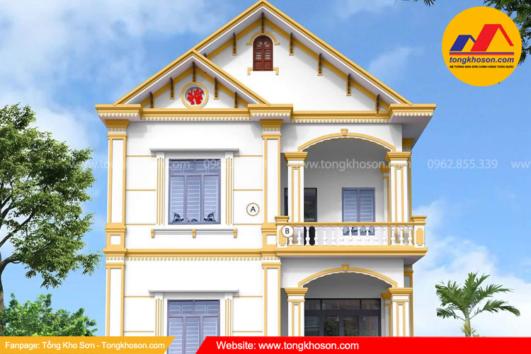 Sơn nhà màu trắng sứ kết hợp với màu cam đất