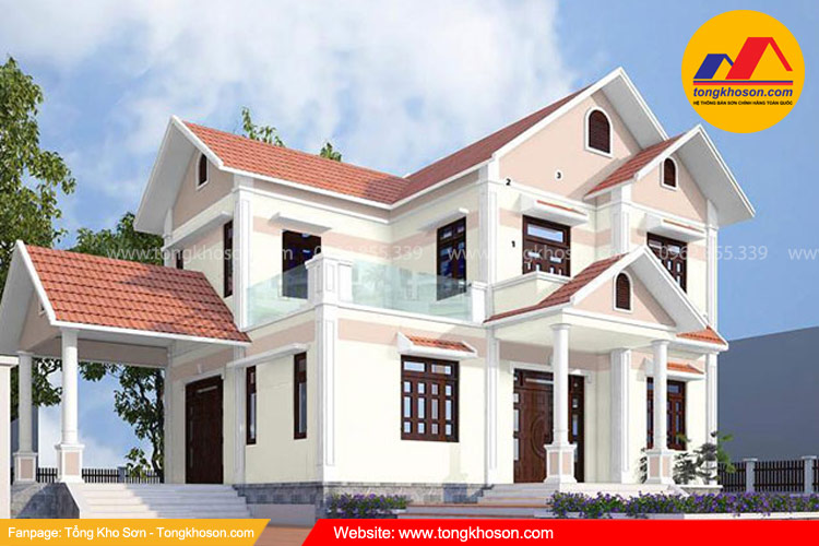 Sơn nhà màu trắng sứ kết hợp với màu hồng