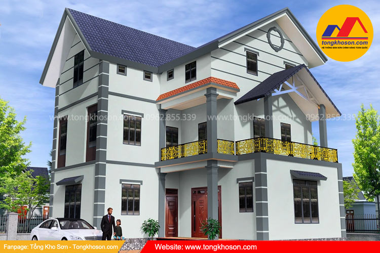 Sơn nhà màu trắng sứ kết hợp với màu xám
