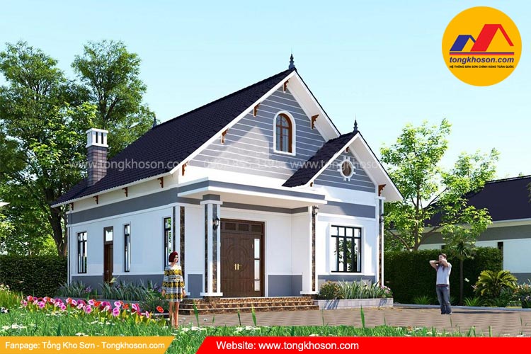 Sơn nhà màu trắng sứ kết hợp màu xanh dương