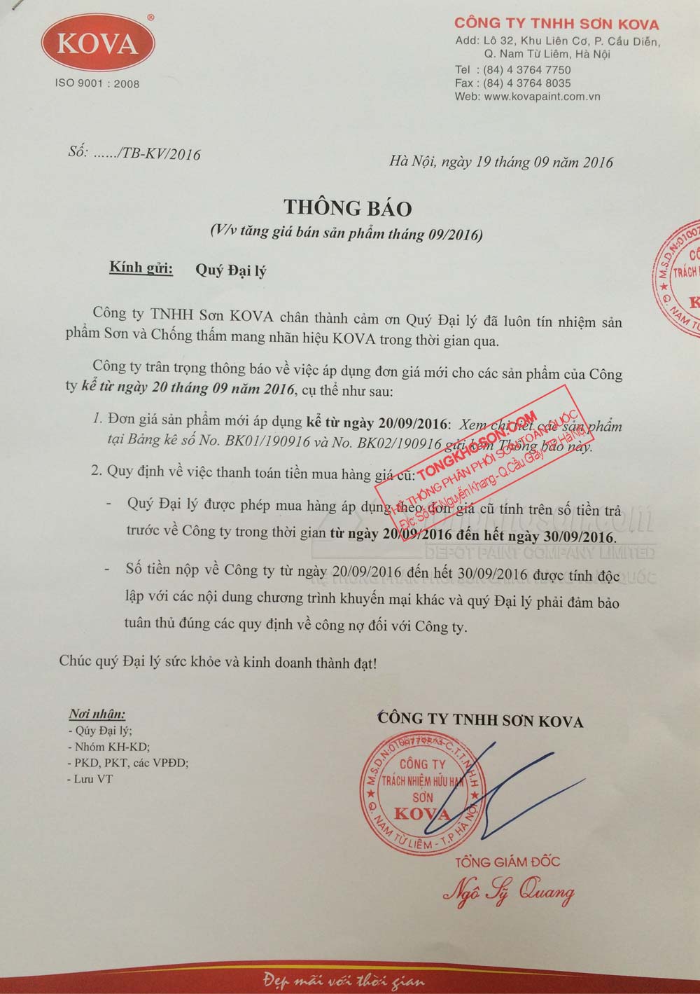 Báo giá sơn Kova mới nhất 01/10/2016