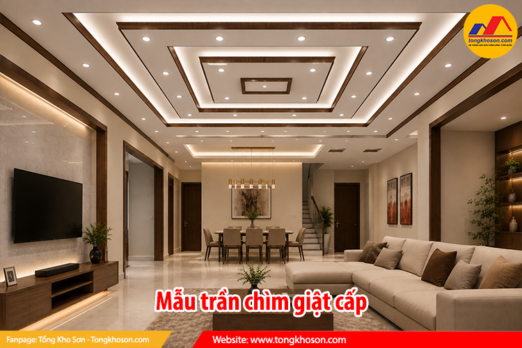 Mẫu trần thạch cao nổi và trần chìm cho phòng khách
