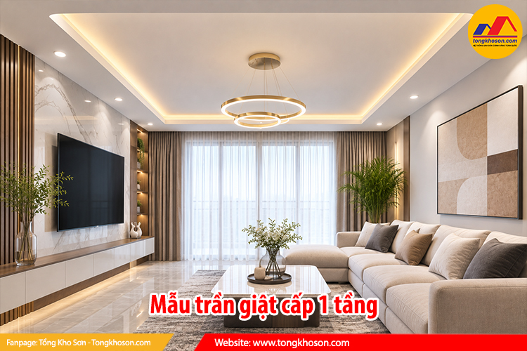 Mẫu trần thạch cao phòng khách giật cấp đẹp