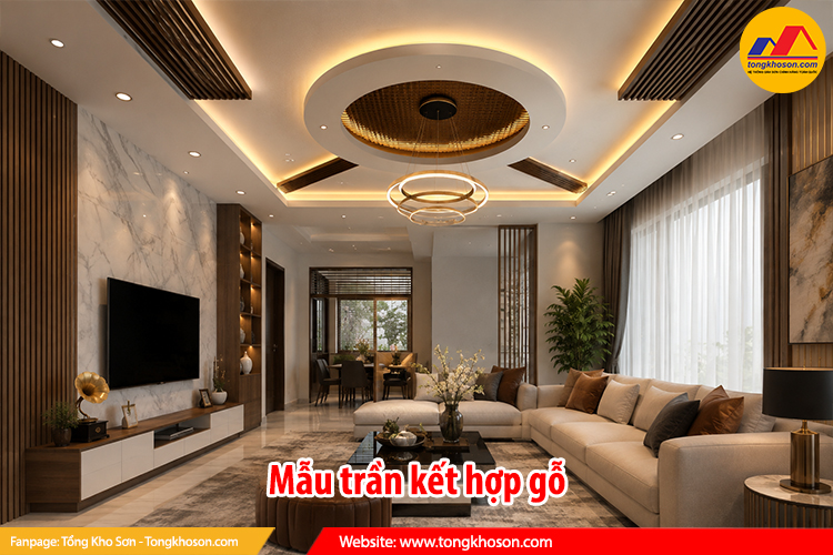 Mẫu trần thạch cao kết hợp vật liệu và phụ kiện trang trí