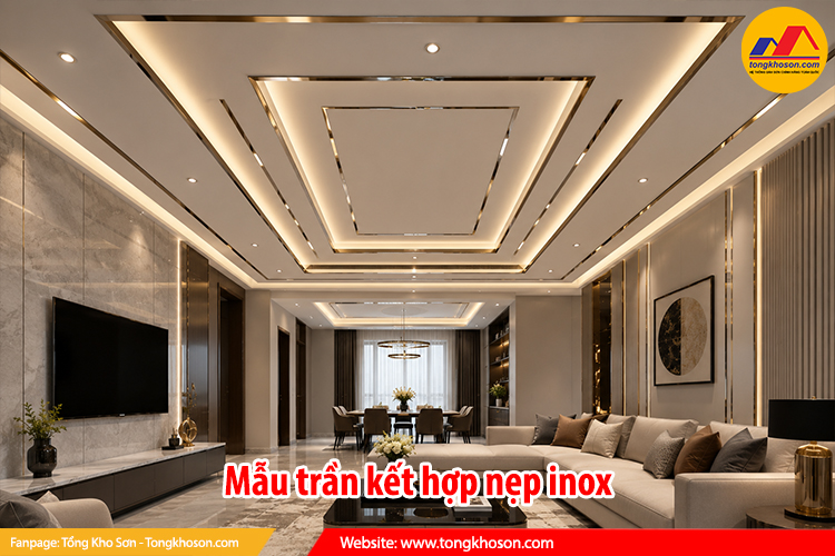 Mẫu trần thạch cao kết hợp vật liệu và phụ kiện trang trí