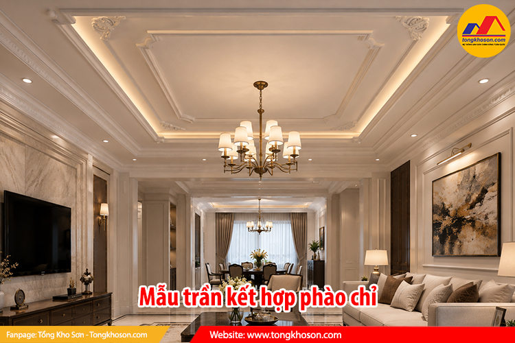 Mẫu trần thạch cao kết hợp vật liệu và phụ kiện trang trí